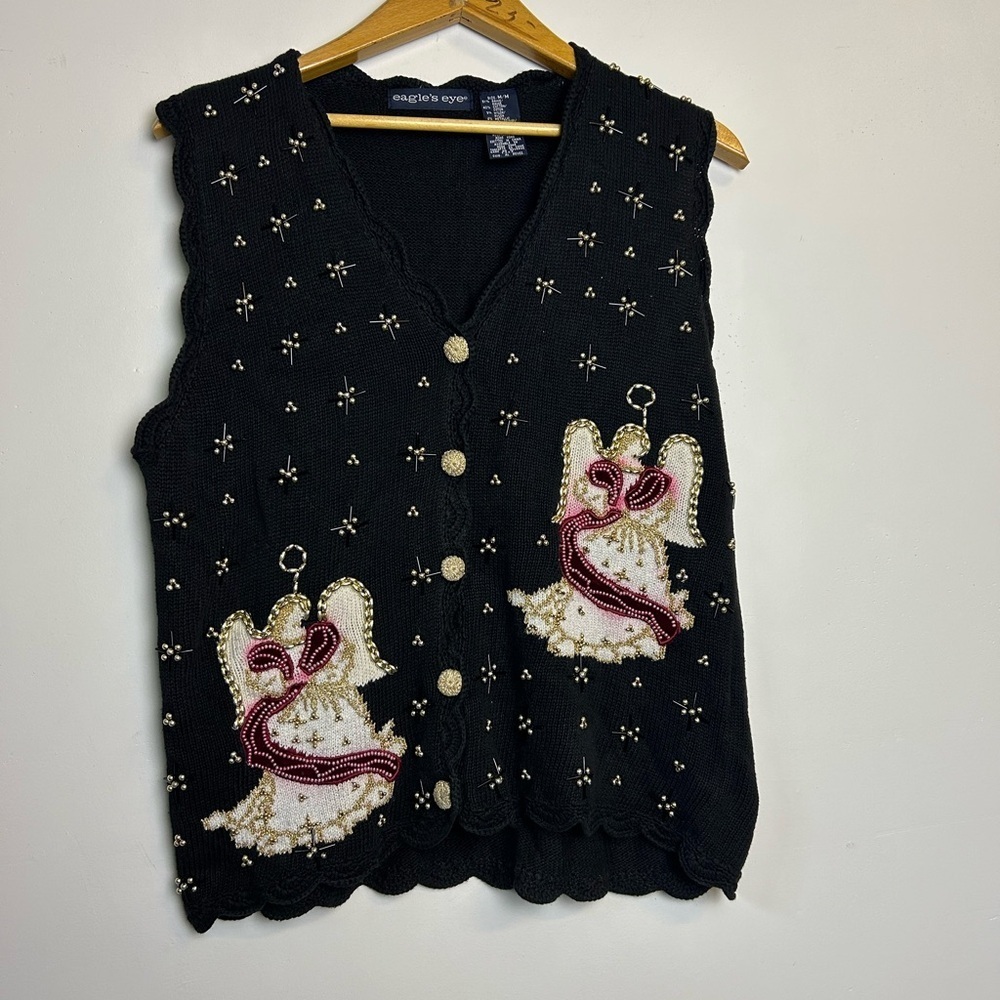 Eagle’s Eye VTG Y2K ‎ Knit Vest Beaded Angel Embroidery Ugly Sweater Christmas